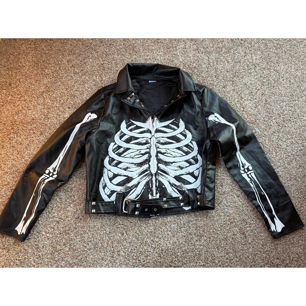 Spirit Halloween Skeleton Faux Leather Biker Jacket Black White Studded Large